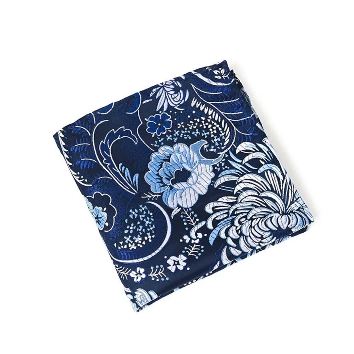 YiLi Blue And White Floral Jacquard Pocket Square